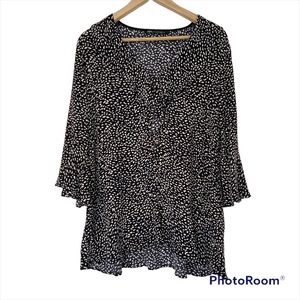 ZARA BLACK/WHITE PRINT PEPLUM TOP/BLOUSE WITH RUFFLE NECK, BELL SLEEVES, XS